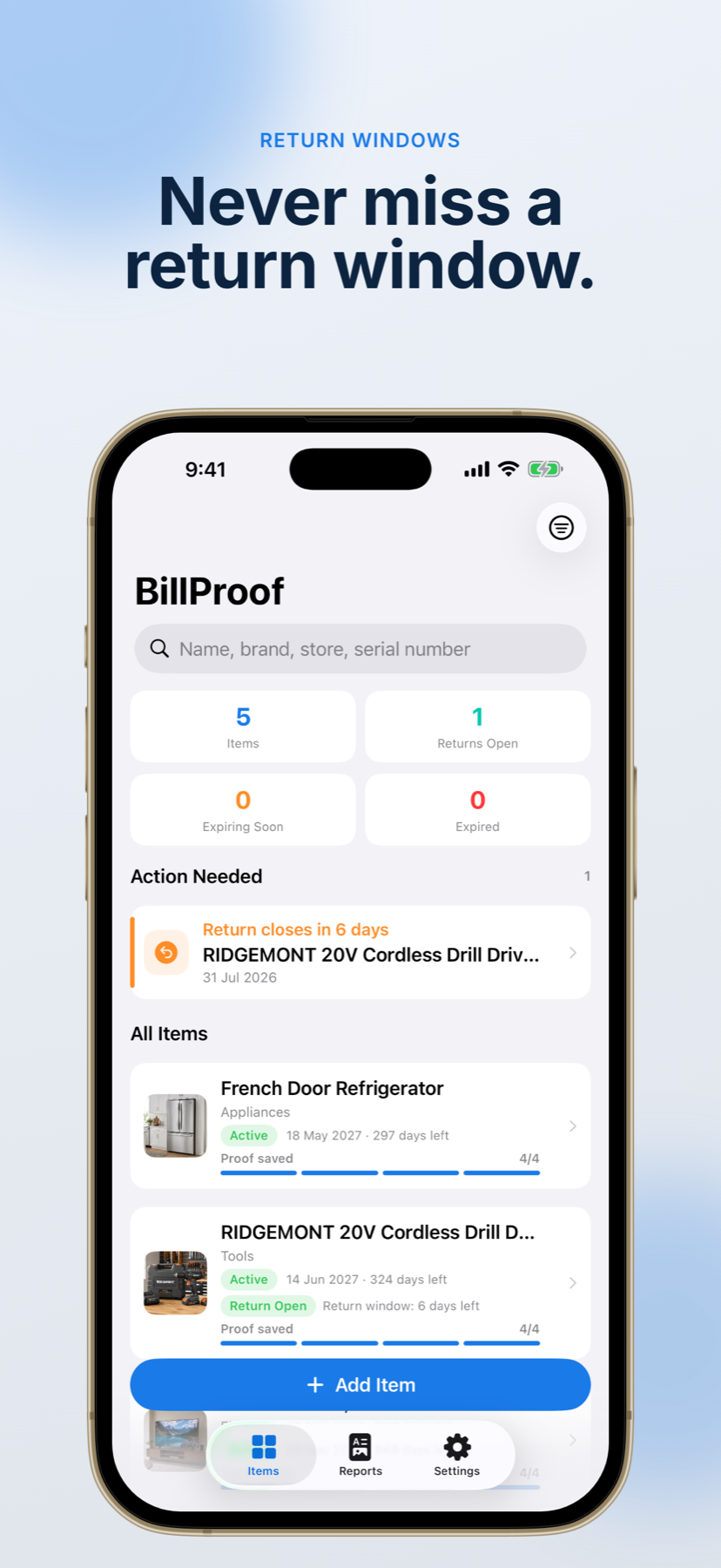 BillProof dashboard showing an upcoming return deadline