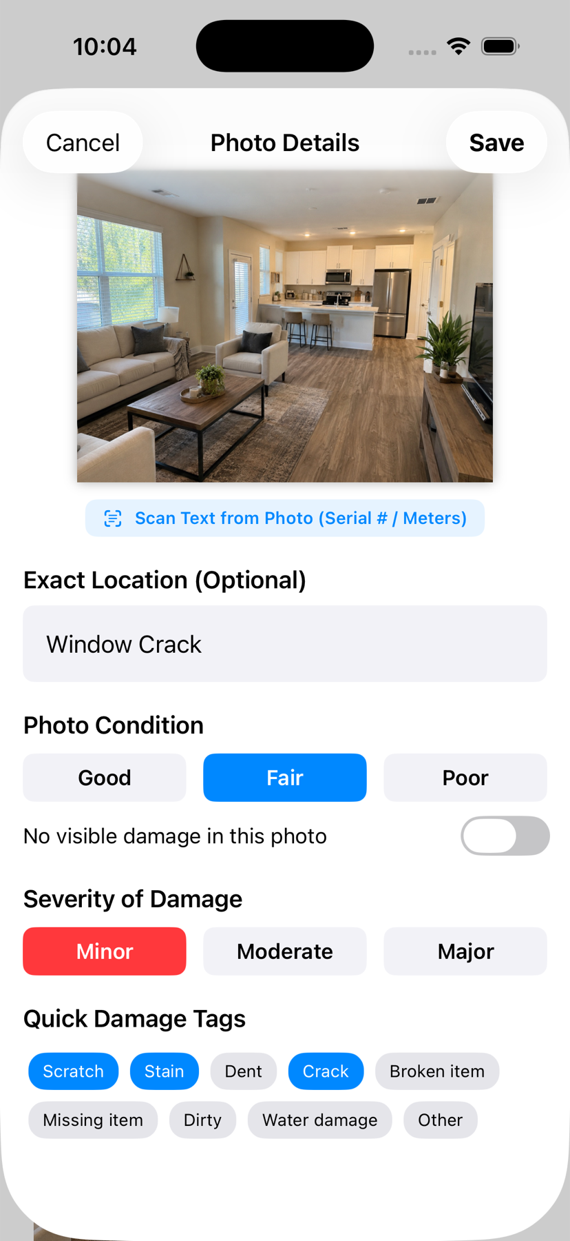 RentProof photo details screen with condition and damage tags