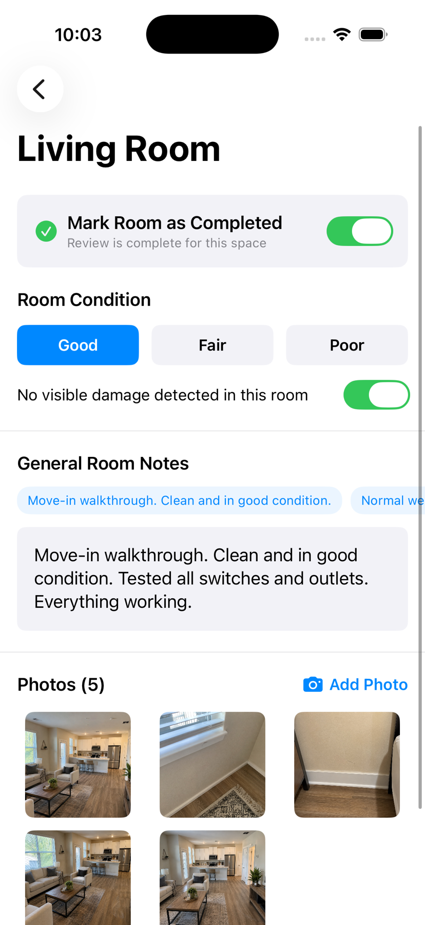 RentProof room condition checklist with notes and inspection photos