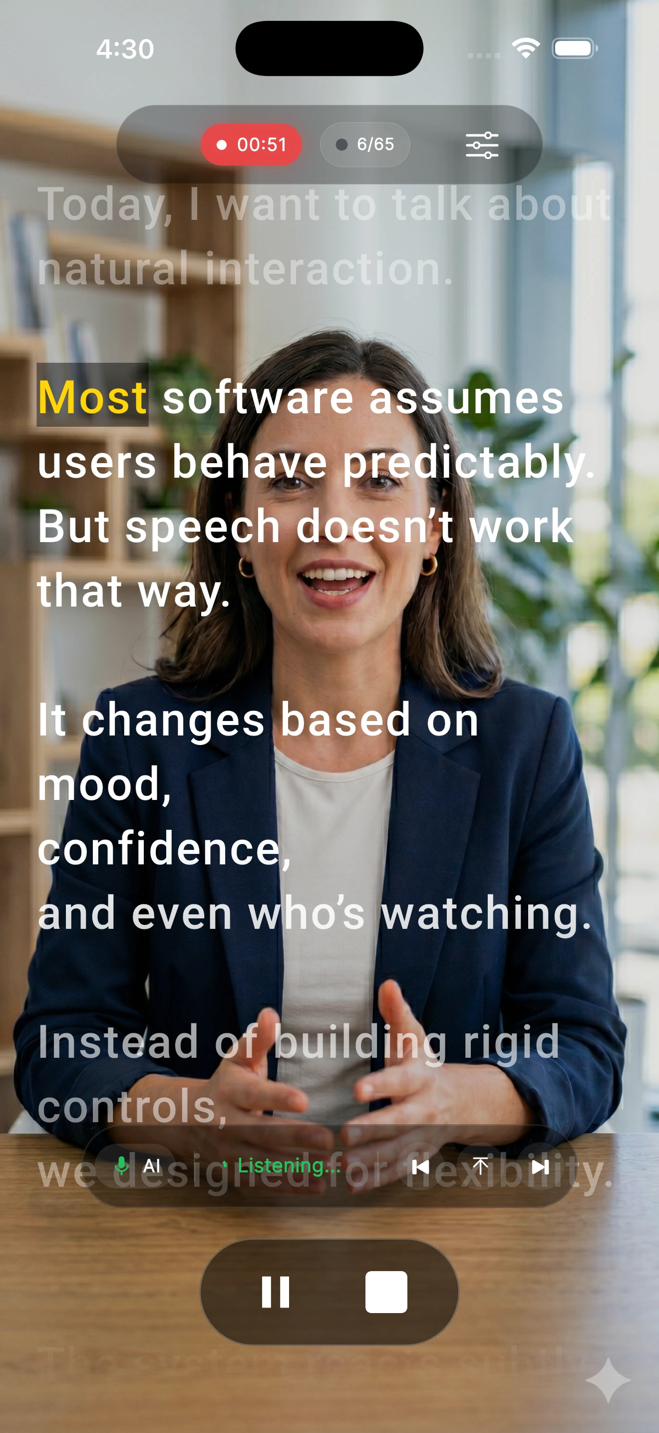 VoiceSync recording with word-by-word teleprompter highlighting