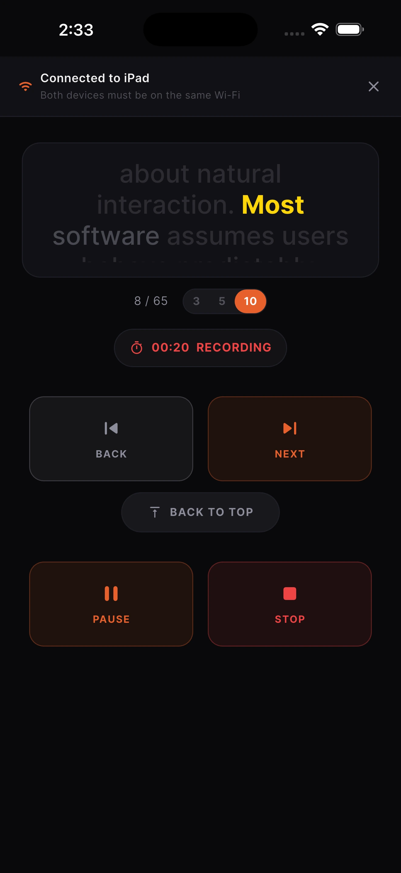 VoiceSync remote controller connected to an iPad